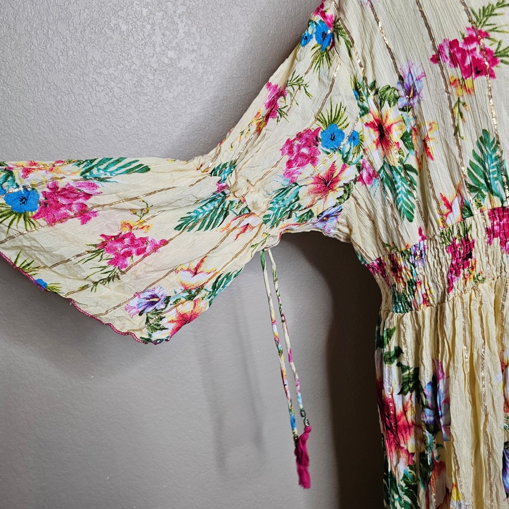 Boho Floral Cream Maxi Dress with Pink Trim - Picture 4 of 12